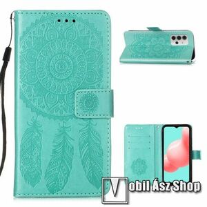 Notesz / mappa tok - CYAN - GRAVÍROZOTT ÁLOMCSAPDA MINTÁS - oldalra nyíló, rejtett mágneses záródás, belső zseb, asztali tartó funkció, szilikon belső - SAMSUNG Galaxy A32 5G (SM-A326B) / Galaxy M32 5G (SM-M326B/DS) kép