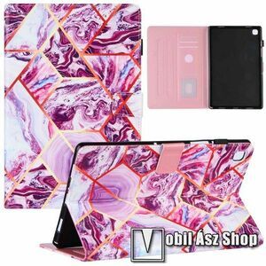 Notesz tok / mappa tok - PIROS / FEHÉR MÁRVÁNY MINTÁS - asztali tartó funkciós, oldalra nyíló, mágneses záródás, bankkártyatartó zsebekkel, szilikon belső - SAMSUNG Galaxy Tab A7 10.4 (2020) (SM-T500/T505) / (2022) (SM-T509) kép