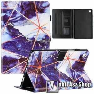 Notesz tok / mappa tok - SÖTÉTKÉK / FEHÉR MÁRVÁNY MINTÁS - asztali tartó funkciós, oldalra nyíló, mágneses záródás, bankkártyatartó zsebekkel, szilikon belső - SAMSUNG Galaxy Tab A7 10.4 (2020) (SM-T500/T505) / (2022) (SM-T509) kép