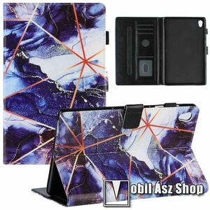 Notesz tok / mappa tok - SÖTÉTKÉK / FEHÉR MÁRVÁNY MINTÁS - asztali tartó funkciós, oldalra nyíló, mágneses záródás, bankkártyatartó zsebekkel, szilikon belső - Lenovo Tab M10 HD Gen 2 (TB-X306F) kép