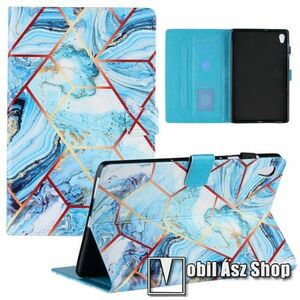 Notesz tok / mappa tok - KÉK / FEHÉR MÁRVÁNY MINTÁS - asztali tartó funkciós, oldalra nyíló, mágneses záródás, bankkártyatartó zsebekkel, szilikon belső - Lenovo Tab M10 HD Gen 2 (TB-X306F) kép