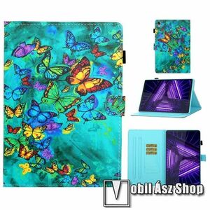 Notesz tok / mappa tok - SZÍNES PILLANGÓ MINTÁS - asztali tartó funkciós, oldalra nyíló, mágneses záródás, bankkártyatartó zsebekkel, ceruzatartó, szilikon belső - Lenovo Tab M10 HD Gen 2 (TB-X306F) kép