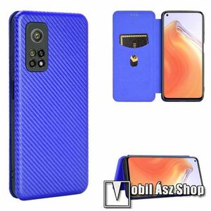 Notesz tok / flip tok - KÉK - KARBON MINTÁS - asztali tartó funkciós, oldalra nyíló, rejtett mágneses záródás, bankkártyatartó zseb, szilikon belső - Xiaomi Mi 10T 5G / Mi 10T Pro 5G / Redmi K30S kép