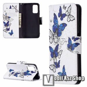Notesz / flip mappa tok - KÉK / FEHÉR PILLANGÓ MINTÁS - asztali tartó funkciós, oldalra nyíló, rejtett mágneses záródás, bankkártyatartó zsebek, szilikon belső - Xiaomi Poco M3 kép