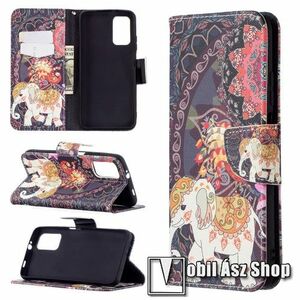 Notesz / flip mappa tok - ELEFÁNT / VIRÁG MINTÁS - asztali tartó funkciós, oldalra nyíló, rejtett mágneses záródás, bankkártyatartó zsebek, szilikon belső - Xiaomi Poco M3 kép