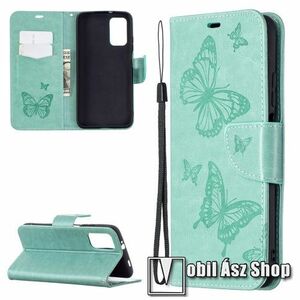 Notesz / mappa tok - GRAVÍROZOTT PILLANGÓ / VIRÁG MINTÁS - ZÖLD - oldalra nyíló, rejtett mágneses záródás, belső zseb, asztali tartó funkció, szilikon belső - Xiaomi Poco M3 kép
