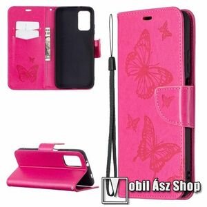 Notesz / mappa tok - GRAVÍROZOTT PILLANGÓ / VIRÁG MINTÁS - RÓZSASZÍN - oldalra nyíló, rejtett mágneses záródás, belső zseb, asztali tartó funkció, szilikon belső - Xiaomi Poco M3 kép