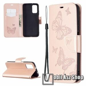 Notesz / mappa tok - GRAVÍROZOTT PILLANGÓ / VIRÁG MINTÁS - ROSE GOLD - oldalra nyíló, rejtett mágneses záródás, belső zseb, asztali tartó funkció, szilikon belső - Xiaomi Poco M3 kép