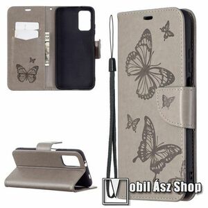 Notesz / mappa tok - GRAVÍROZOTT PILLANGÓ / VIRÁG MINTÁS - SZÜRKE - oldalra nyíló, rejtett mágneses záródás, belső zseb, asztali tartó funkció, szilikon belső - Xiaomi Poco M3 kép