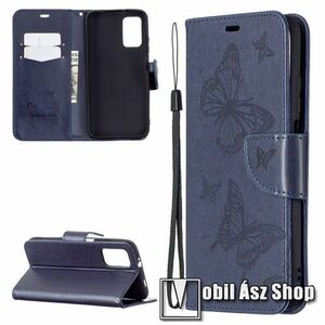 Notesz / mappa tok - GRAVÍROZOTT PILLANGÓ / VIRÁG MINTÁS - KÉK - oldalra nyíló, rejtett mágneses záródás, belső zseb, asztali tartó funkció, szilikon belső - Xiaomi Poco M3 kép
