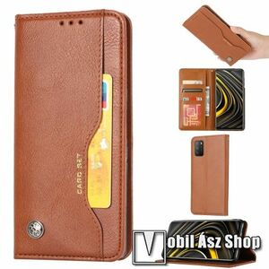 Notesz tok / flip tok - BARNA - asztali tartó funkciós, oldalra nyíló, rejtett mágneses záródás, bankkártyatartó zseb, szilikon belső - Xiaomi Poco M3 kép