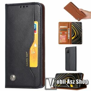 Notesz tok / flip tok - FEKETE - asztali tartó funkciós, oldalra nyíló, rejtett mágneses záródás, bankkártyatartó zseb, szilikon belső - Xiaomi Poco M3 kép