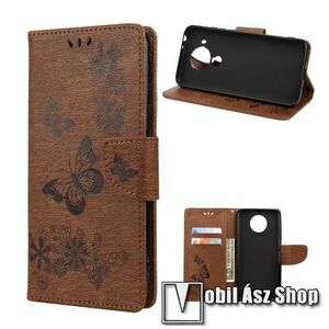 Notesz / mappa tok - GRAVÍROZOTT PILLANGÓ / VIRÁG MINTÁS - BARNA - oldalra nyíló, rejtett mágneses záródás, belső zseb, asztali tartó funkció, szilikon belső - Xiaomi Redmi Note 9T 5G / Redmi Note 9 5G kép