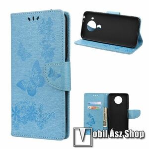 Notesz / mappa tok - GRAVÍROZOTT PILLANGÓ / VIRÁG MINTÁS - KÉK - oldalra nyíló, rejtett mágneses záródás, belső zseb, asztali tartó funkció, szilikon belső - Xiaomi Redmi Note 9T 5G / Redmi Note 9 5G kép