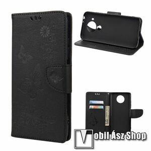 Notesz / mappa tok - GRAVÍROZOTT PILLANGÓ / VIRÁG MINTÁS - FEKETE - oldalra nyíló, rejtett mágneses záródás, belső zseb, asztali tartó funkció, szilikon belső - Xiaomi Redmi Note 9T 5G / Redmi Note 9 5G kép