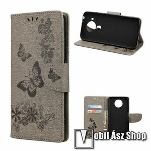 Notesz / mappa tok - GRAVÍROZOTT PILLANGÓ / VIRÁG MINTÁS - SZÜRKE - oldalra nyíló, rejtett mágneses záródás, belső zseb, asztali tartó funkció, szilikon belső - Xiaomi Redmi Note 9T 5G / Redmi Note 9 5G kép