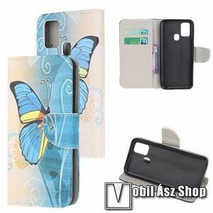 Notesz / mappa tok - KÉK PILLANGÓ MINTÁS - oldalra nyíló, rejtett mágneses záródás, belső zseb, asztali tartó funkció, szilikon belső - OnePlus Nord N100 kép