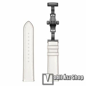 Okosóra szíj - FEKETE / FEHÉR - valódi bőr, pillangó csat, 120mm + 80mm hosszú, 22mm széles - SAMSUNG Galaxy Watch 46mm / Watch GT2 46mm / Watch GT 2e / Galaxy Watch3 45mm / Honor MagicWatch 2 46mm kép