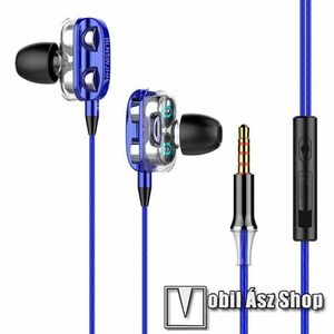 UNIVERZÁLIS sztereo headset - 3, 5mm jack csatlakozó, négy hangszórós, cseppálló, beépített mikrofon, felvevő gomb, hangerőszabályzó, 1.2m hosszú kábel - KÉK kép