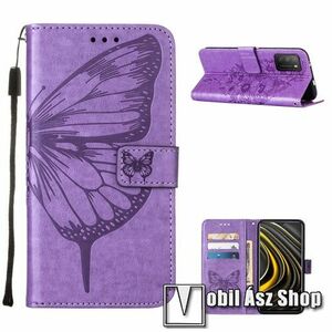 Notesz / mappa tok - GRAVÍROZOTT PILLANGÓ / VIRÁG MINTÁS - VILÁGOSLILA - oldalra nyíló, rejtett mágneses záródás, belső zseb, asztali tartó funkció, szilikon belső - Xiaomi Poco M3 kép