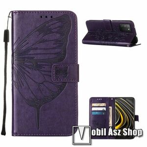 Notesz / mappa tok - GRAVÍROZOTT PILLANGÓ / VIRÁG MINTÁS - SÖTÉTLILA - oldalra nyíló, rejtett mágneses záródás, belső zseb, asztali tartó funkció, szilikon belső - Xiaomi Poco M3 kép