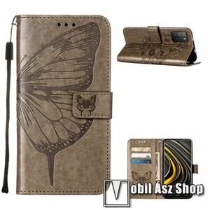 Notesz / mappa tok - GRAVÍROZOTT PILLANGÓ / VIRÁG MINTÁS - SZÜRKE - oldalra nyíló, rejtett mágneses záródás, belső zseb, asztali tartó funkció, szilikon belső - Xiaomi Poco M3 kép