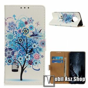 Notesz / mappa tok - KÉK VIRÁGZÓ FA MINTÁS - oldalra nyíló, rejtett mágneses záródás, belső zseb, asztali tartó funkció, szilikon belső - Xiaomi Redmi Note 9T 5G / Redmi Note 9 5G kép