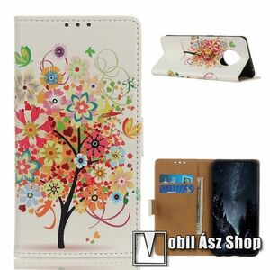 Notesz / mappa tok - SZÍNES VIRÁGZÓ FA MINTÁS - oldalra nyíló, rejtett mágneses záródás, belső zseb, asztali tartó funkció, szilikon belső - Xiaomi Redmi Note 9T 5G / Redmi Note 9 5G kép
