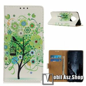 Notesz / mappa tok - ZÖLD VIRÁGZÓ FA MINTÁS - oldalra nyíló, rejtett mágneses záródás, belső zseb, asztali tartó funkció, szilikon belső - Xiaomi Redmi Note 9T 5G / Redmi Note 9 5G kép