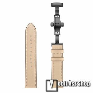 Okosóra szíj - BÉZS / FEKETE - valódi bőr, pillangó csat, 120mm + 80mm hosszú, 22mm széles - SAMSUNG Galaxy Watch 46mm / Watch GT2 46mm / Watch GT 2e / Galaxy Watch3 45mm / Honor MagicWatch 2 46mm kép
