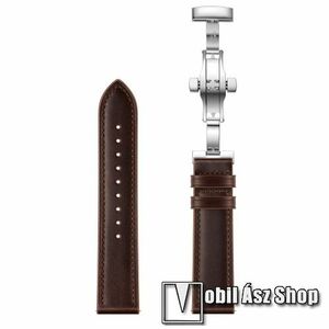 Okosóra szíj - KÁVÉBARNA / EZÜST - valódi bőr, pillangó csat, 120mm + 80mm hosszú, 22mm széles - SAMSUNG Galaxy Watch 46mm / Watch GT2 46mm / Watch GT 2e / Galaxy Watch3 45mm / Honor MagicWatch 2 46mm kép