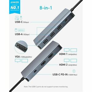 Anker usb hub, 8-in-1, usb-c hub, 2x4k hdmi, 1xvga, 3xusb-a, usb-... kép