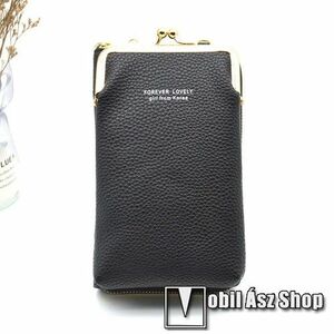 UNIVERZÁLIS álló / pénztárca tok - nyakpánt, bankkártyatartó zsebekkel, cipzár, 180 x 110 x 50 mm - FEKETE kép