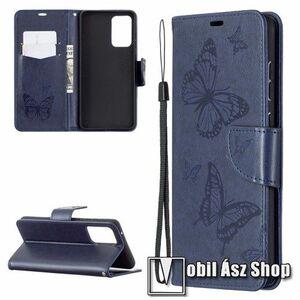 Notesz / mappa tok - GRAVÍROZOTT PILLANGÓ / VIRÁG MINTÁS - SÖTÉTKÉK - oldalra nyíló, rejtett mágneses záródás, belső zseb, asztali tartó funkció, szilikon belső - SAMSUNG Galaxy A72 5G (SM-A726F) / Galaxy A72 4G (SM-A725F) kép