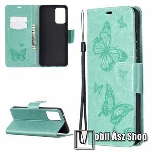 Notesz / mappa tok - GRAVÍROZOTT PILLANGÓ / VIRÁG MINTÁS - ZÖLD - oldalra nyíló, rejtett mágneses záródás, belső zseb, asztali tartó funkció, szilikon belső - SAMSUNG Galaxy A72 5G (SM-A726F) / Galaxy A72 4G (SM-A725F) kép