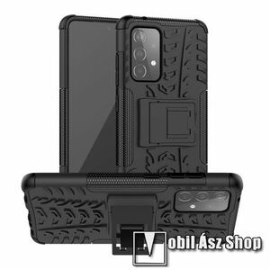 OTT! VROOM műanyag védő tok / hátlap - FEKETE - AUTÓGUMI MINTÁS - szilikon betétes, asztali tartó funkciós, ERŐS VÉDELEM! - SAMSUNG Galaxy A52 5G (SM-A526F) / A52 4G (SM-A525F) / A52s 5G (SM-A528B / SM-A528B/DS) kép