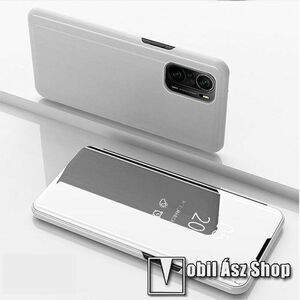 Notesz / flip tok - EZÜST - oldalra nyíló áttetsző tükrös flip cover, asztali tartó funkció, műanyag belső - Xiaomi Redmi K40 / Redmi K40 Pro / Redmi K40 Pro Plus / Mi 11i / Mi 11X / Mi 11X Pro / Poco F3 kép