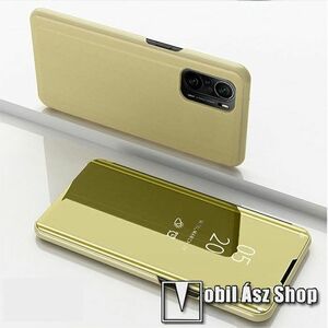 Notesz / flip tok - ARANY - oldalra nyíló áttetsző tükrös flip cover, asztali tartó funkció, műanyag belső - Xiaomi Redmi K40 / Redmi K40 Pro / Redmi K40 Pro Plus / Mi 11i / Mi 11X / Mi 11X Pro / Poco F3 kép