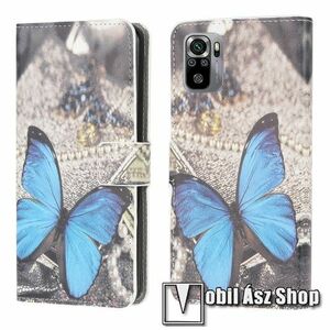 Notesz / mappa tok - KÉK PILLANGÓ MINTÁS - oldalra nyíló, rejtett mágneses záródás, belső zseb, asztali tartó funkció, szilikon belső - Xiaomi Redmi Note 10 / Note 10S / Poco M5s kép