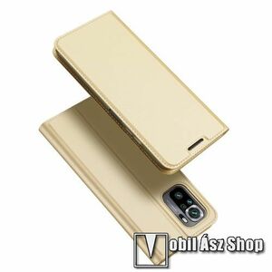 DUX DUCIS Skin Pro Series slim design notesz / mappa tok - ARANY - asztali tartó funkciós, oldalra nyíló, rejtett mágneses záródás, bankkártyatartó zseb, szilikon belső - Xiaomi Redmi Note 10 / Note 10S / Poco M5s - GYÁRI kép