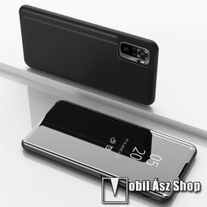 Notesz / flip tok - FEKETE - oldalra nyíló áttetsző tükrös flip cover, asztali tartó funkció, műanyag belső - Xiaomi Redmi Note 10 / Note 10S / Poco M5s kép