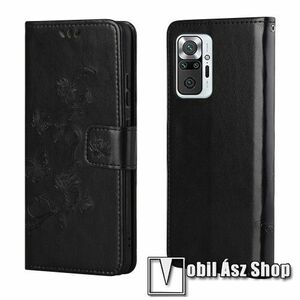 Notesz / mappa tok - GRAVÍROZOTT PILLANGÓ / VIRÁG MINTÁS - FEKETE - oldalra nyíló, rejtett mágneses záródás, belső zseb, asztali tartó funkció, szilikon belső - Xiaomi Redmi Note 10 Pro / Redmi Note 10 Pro Max kép