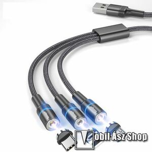 ESSAGER mágneses adatátviteli kábel / USB töltő - 3 az 1-ben Lightning, microUSB, Type-C / USB csatlakozás, 1, 2m, 5V/2, 4A, 12W, cserélhető fejekkel, szövettel bevont - CSAK TÖLTÉSRE ALKALMAS ADATÁTVITELRE NEM! - FEKETE - GYÁRI kép