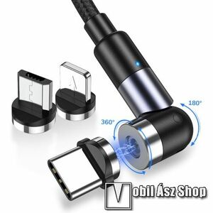 TOPK AM59 mágneses adatátviteli kábel / USB töltő - 3 az 1-ben Lightning, microUSB, Type-C / USB csatlakozás, 1m, 10W, cserélhető fejekkel, szövettel bevont, derékszögű 180°-ban / 360°-ban forgatható - CSAK TÖLTÉSRE ALKALMAS ADATÁTVITELRE NEM! - FEKETE kép