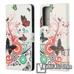 Notesz / mappa tok - PILLANGÓ / VIRÁG MINTÁS - oldalra nyíló, rejtett mágneses záródás, bankkártyatartó zseb, asztali tartó funkció, szilikon belső - SAMSUNG Galaxy S21 FE (SM-G990B, SM-G990B/DS) kép