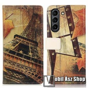 Notesz / mappa tok - EIFFEL TORONY / FALEVÉL MINTÁS - oldalra nyíló, rejtett mágneses záródás, bankkártyatartó zseb, asztali tartó funkció, szilikon belső - SAMSUNG Galaxy S21 FE (SM-G990B, SM-G990B/DS) kép