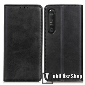 Notesz tok / flip tok - FEKETE - hasított bőr, asztali tartó funkciós, oldalra nyíló, rejtett mágneses záródás, bankkártya tartó zseb, szilikon belső - SONY Xperia 1 III kép