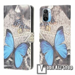 Notesz / mappa tok - KÉK PILLANGÓ MINTÁS - oldalra nyíló, rejtett mágneses záródás, bankkártyatartó zseb, asztali tartó funkció, szilikon belső - Xiaomi Redmi K40 / Redmi K40 Pro / Redmi K40 Pro Plus / Mi 11i / Mi 11X / Mi 11X Pro / Poco F3 kép