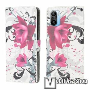 Notesz / mappa tok - LÓTUSZVIRÁG MINTÁS - oldalra nyíló, rejtett mágneses záródás, bankkártyatartó zseb, asztali tartó funkció, szilikon belső - Xiaomi Redmi K40 / Redmi K40 Pro / Redmi K40 Pro Plus / Mi 11i / Mi 11X / Mi 11X Pro / Poco F3 kép