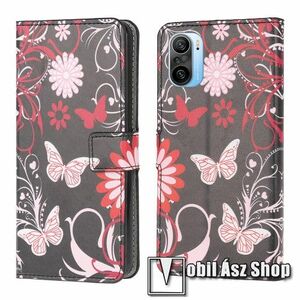 Notesz / mappa tok - PILLANGÓ / VIRÁG MINTÁS - oldalra nyíló, rejtett mágneses záródás, bankkártyatartó zseb, asztali tartó funkció, szilikon belső - Xiaomi Redmi K40 / Redmi K40 Pro / Redmi K40 Pro Plus / Mi 11i / Mi 11X / Mi 11X Pro / Poco F3 kép